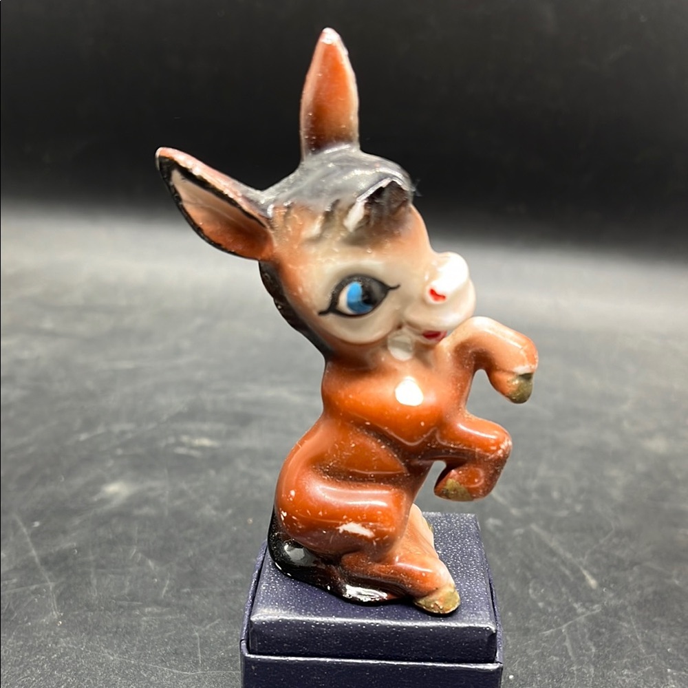 Vintage Ceramic Donkey Figurine in Brown and Black with Blue Eyes